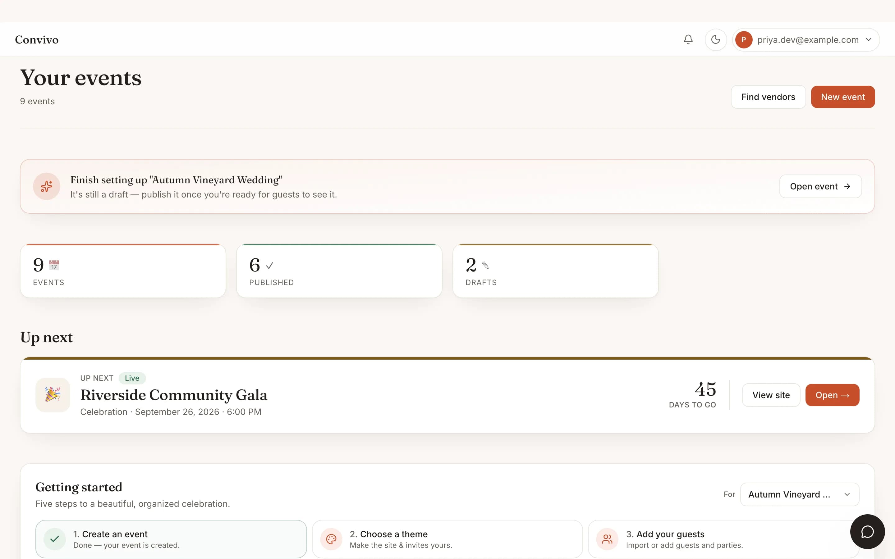 An event manager's dashboard listing their full season of events with a live countdown.