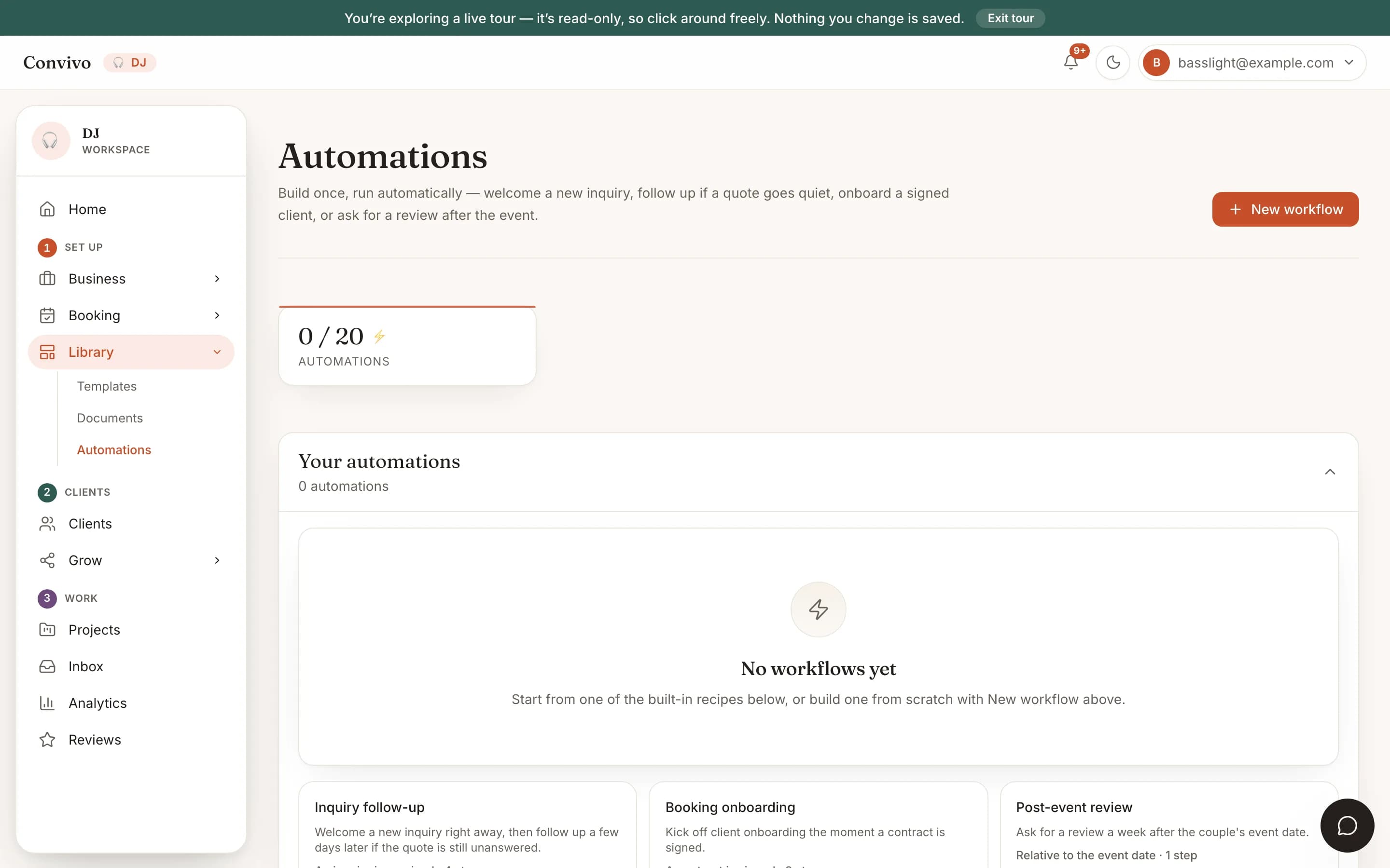 A DJ's Automations page with a workflow cap and three built-in starter recipes.