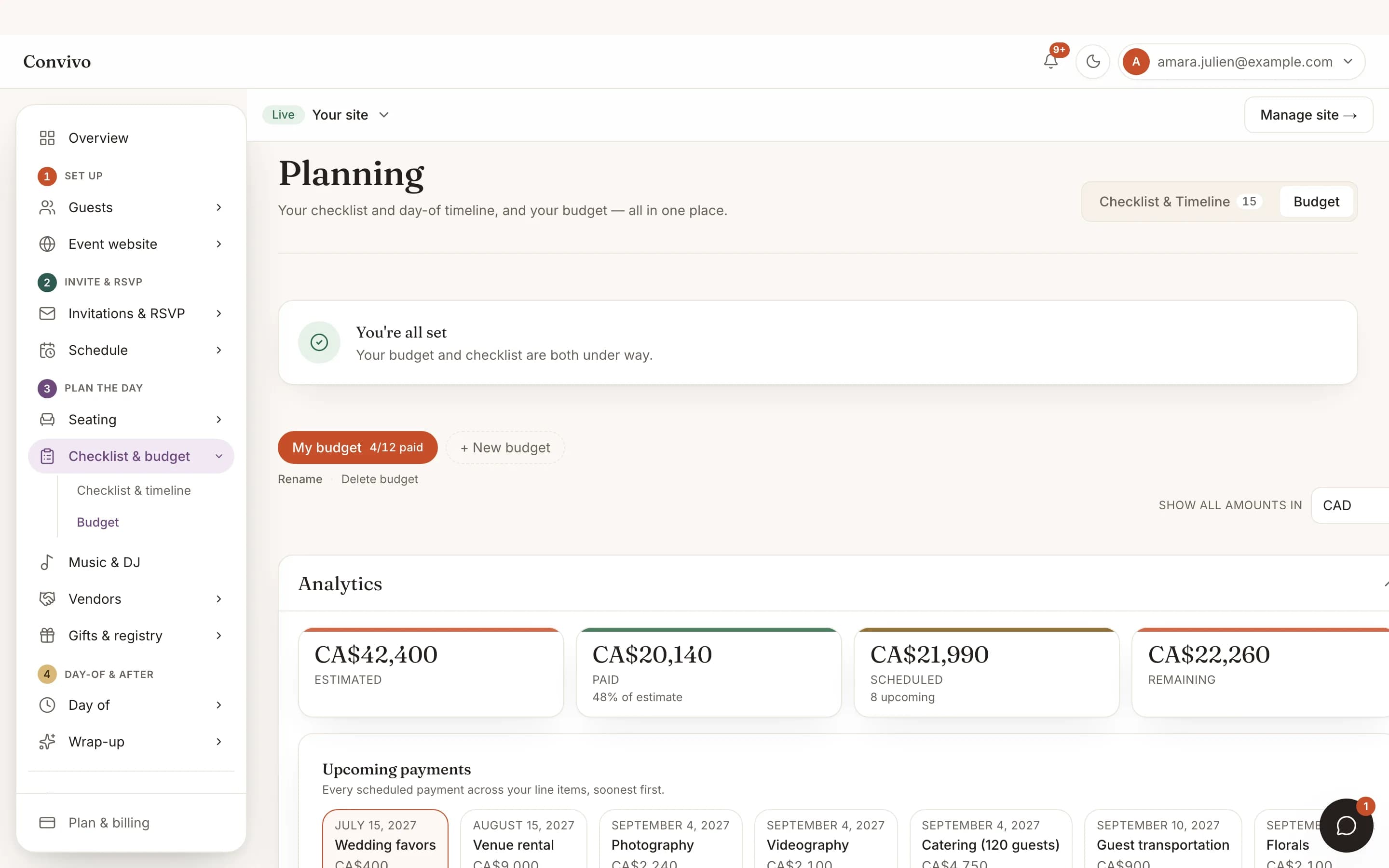 The wedding budget page with category spend and payment status.