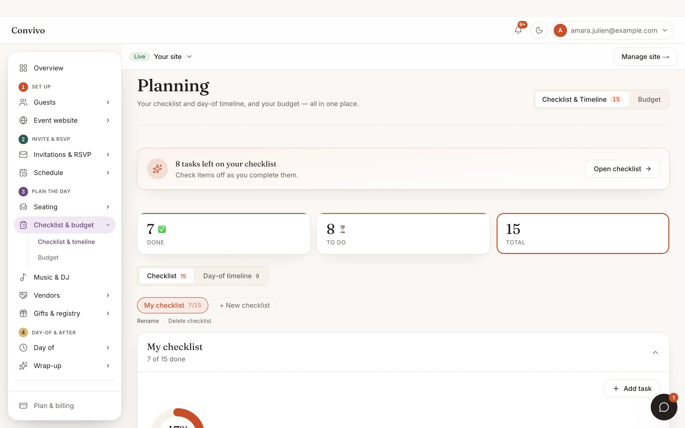 The wedding planning checklist with completed and upcoming tasks.