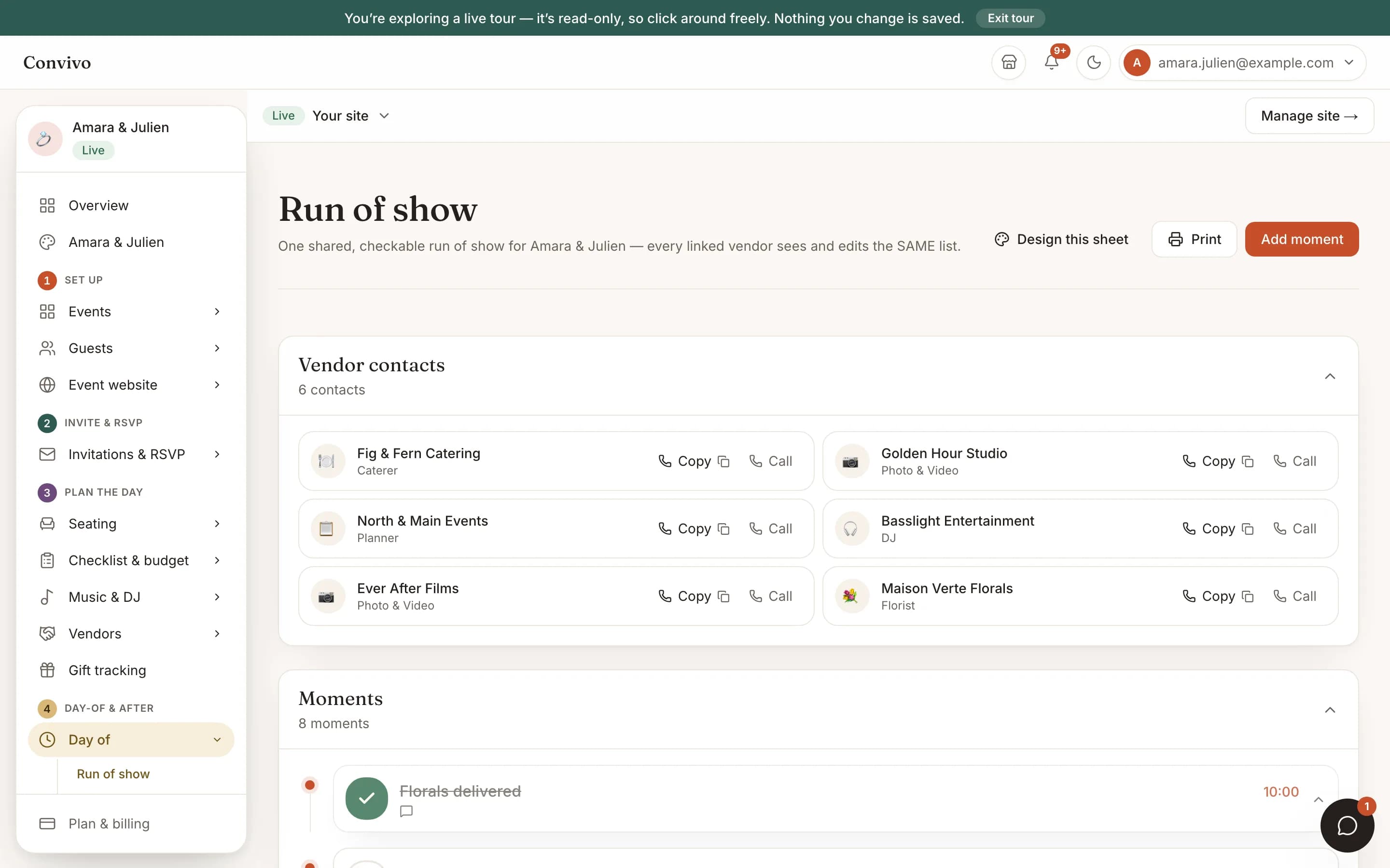 The shared run of show for a wedding, with vendor contacts and a checkable moment timeline.