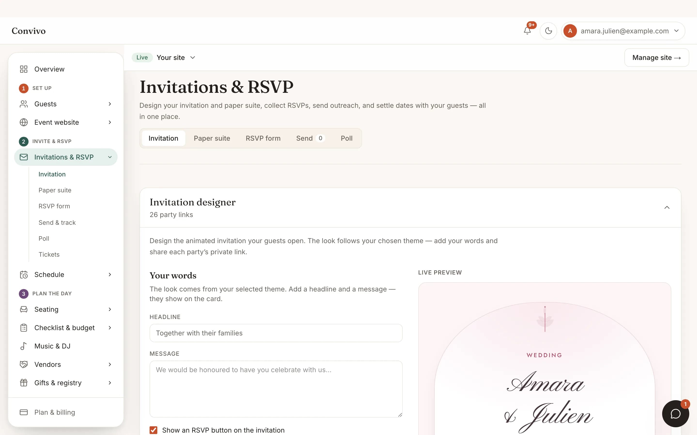 The invitation designer with a live preview of an animated, themed wedding invitation.