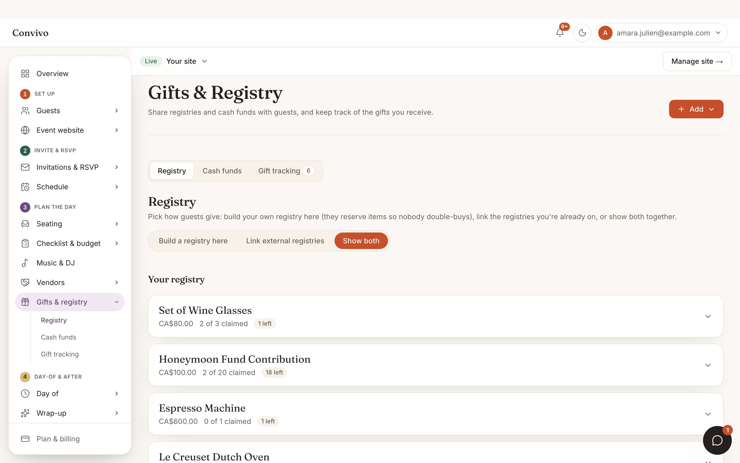 The gifts and registry page for a wedding.