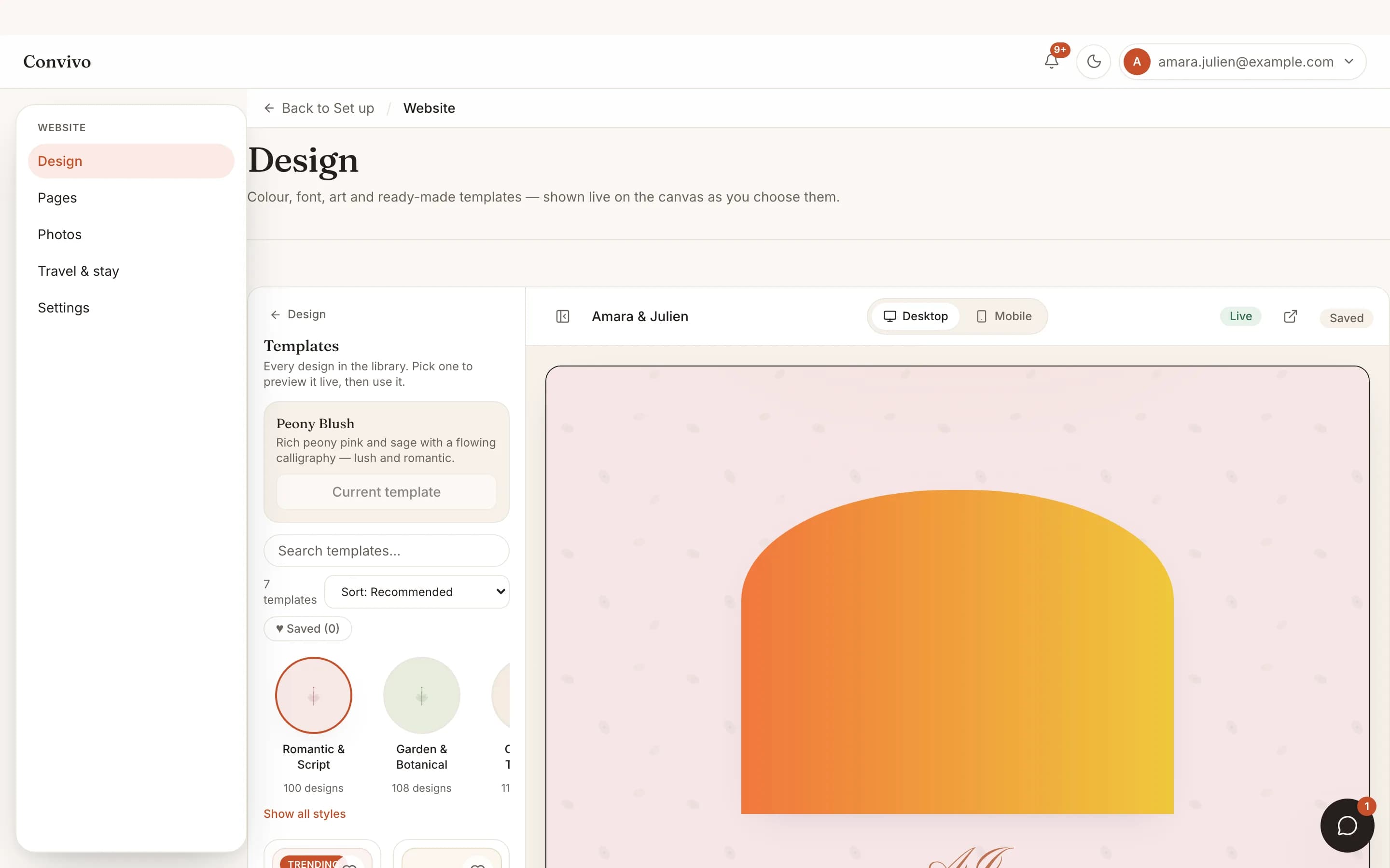 The website designer's Design panel with a template library and live preview canvas.
