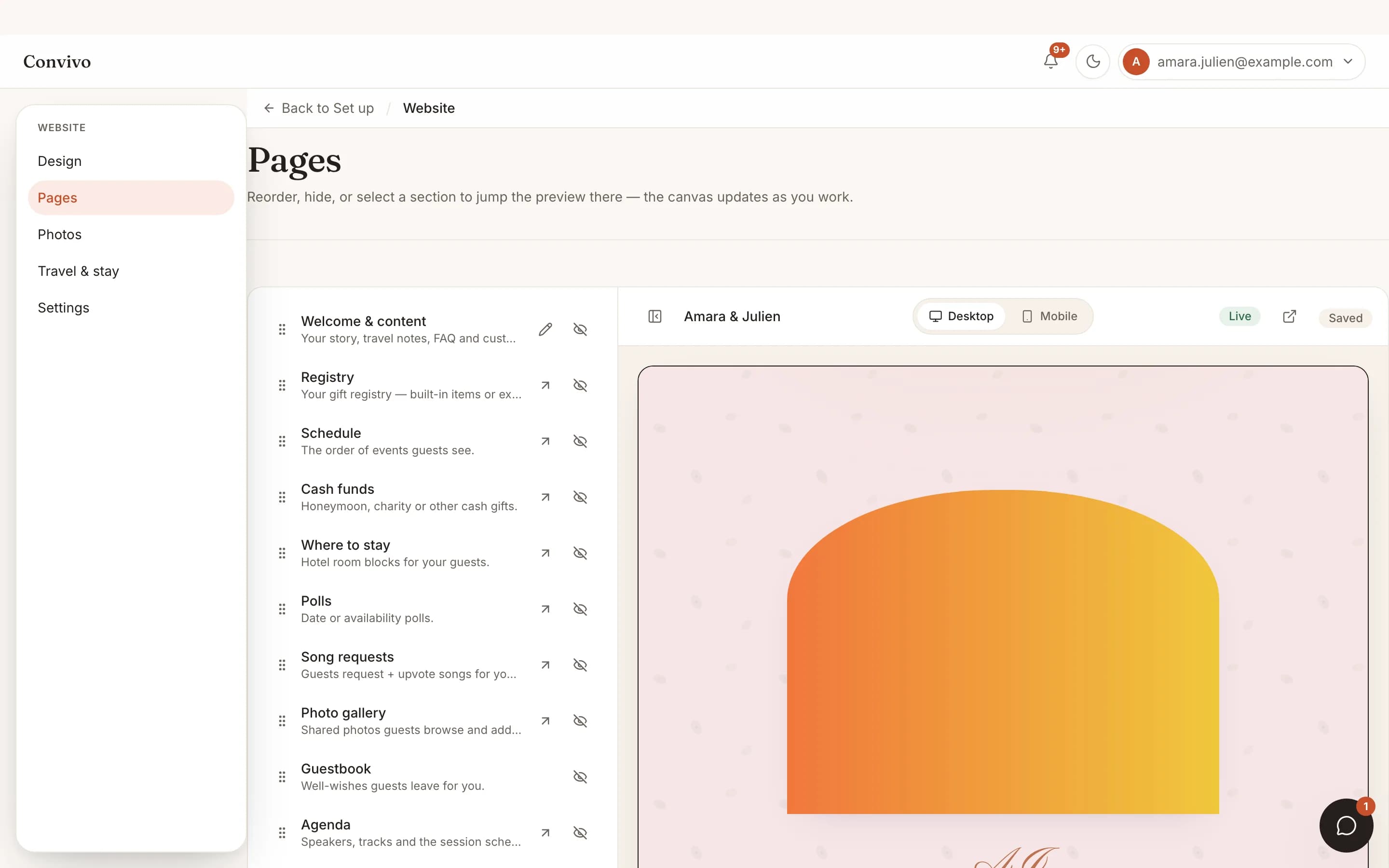 The event website designer's Pages panel for a wedding site.