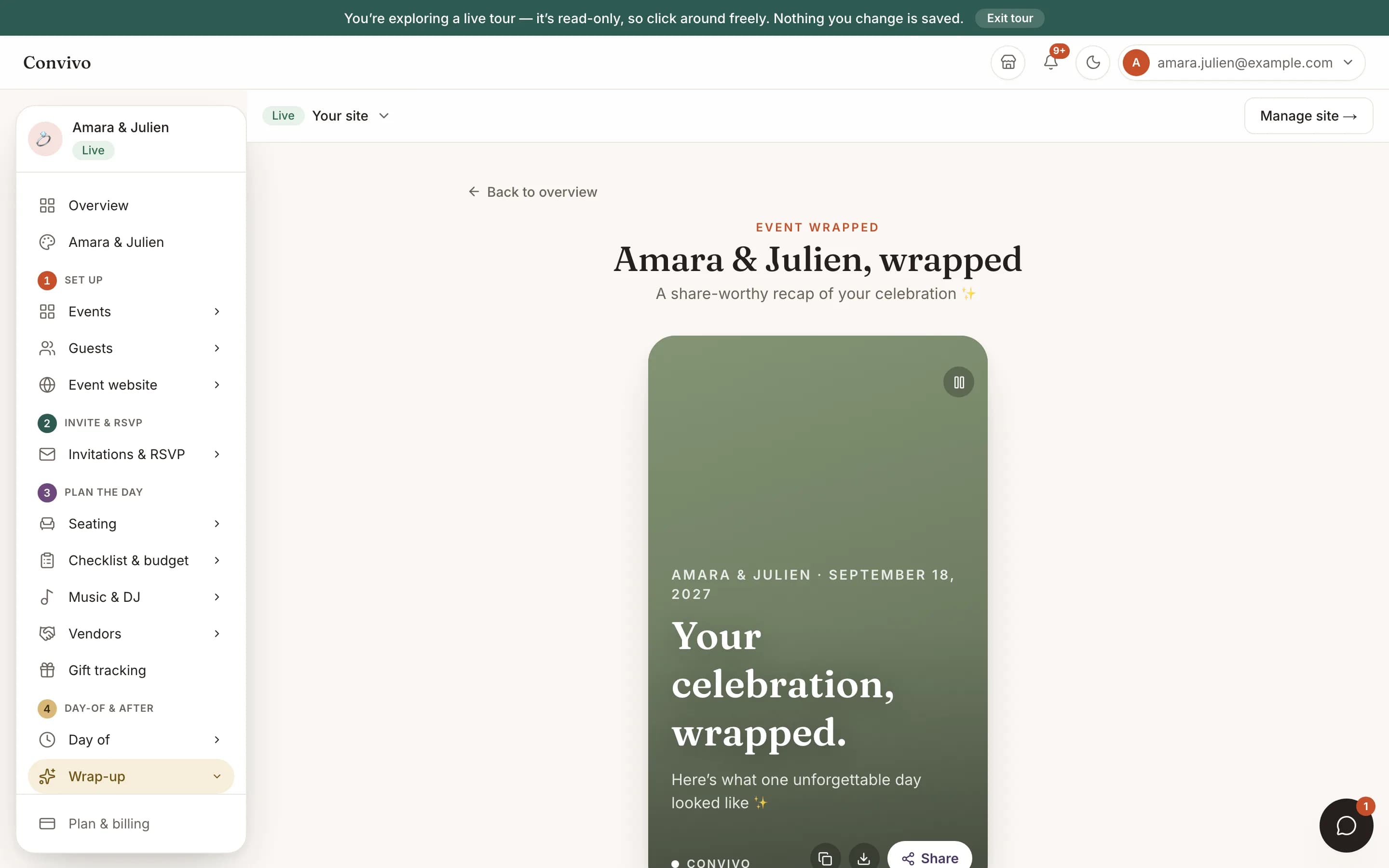 A wedding's animated Wrapped recap card, with share, download and copy actions.