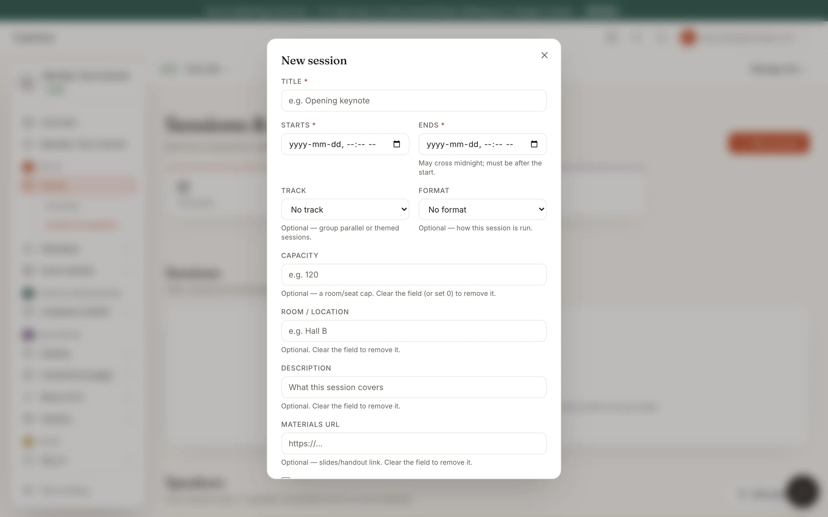 The New session form on a tech summit's Sessions & speakers page, with title, time, track, format, capacity and room fields.