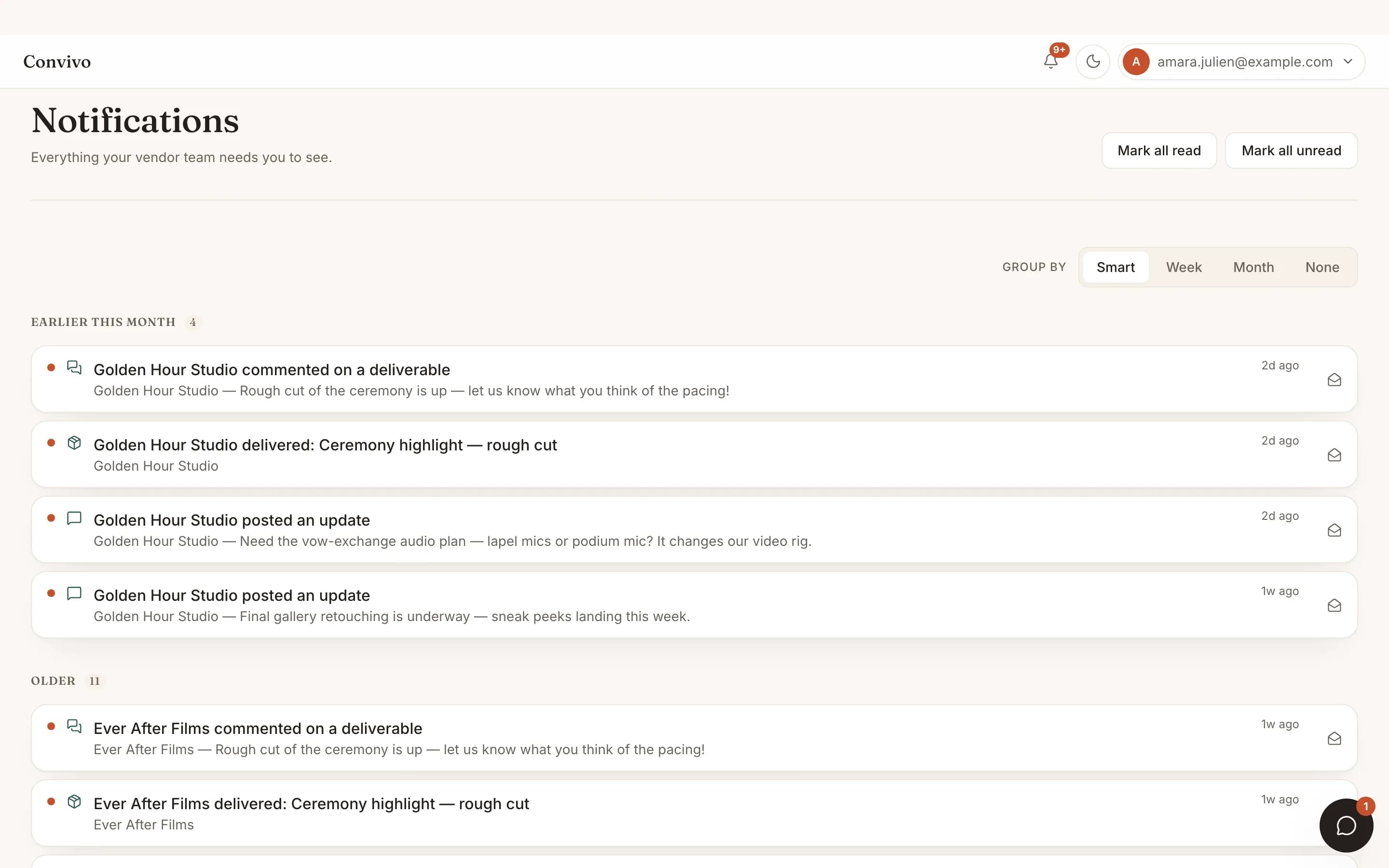 The organizer's notification inbox with vendor updates and requests.