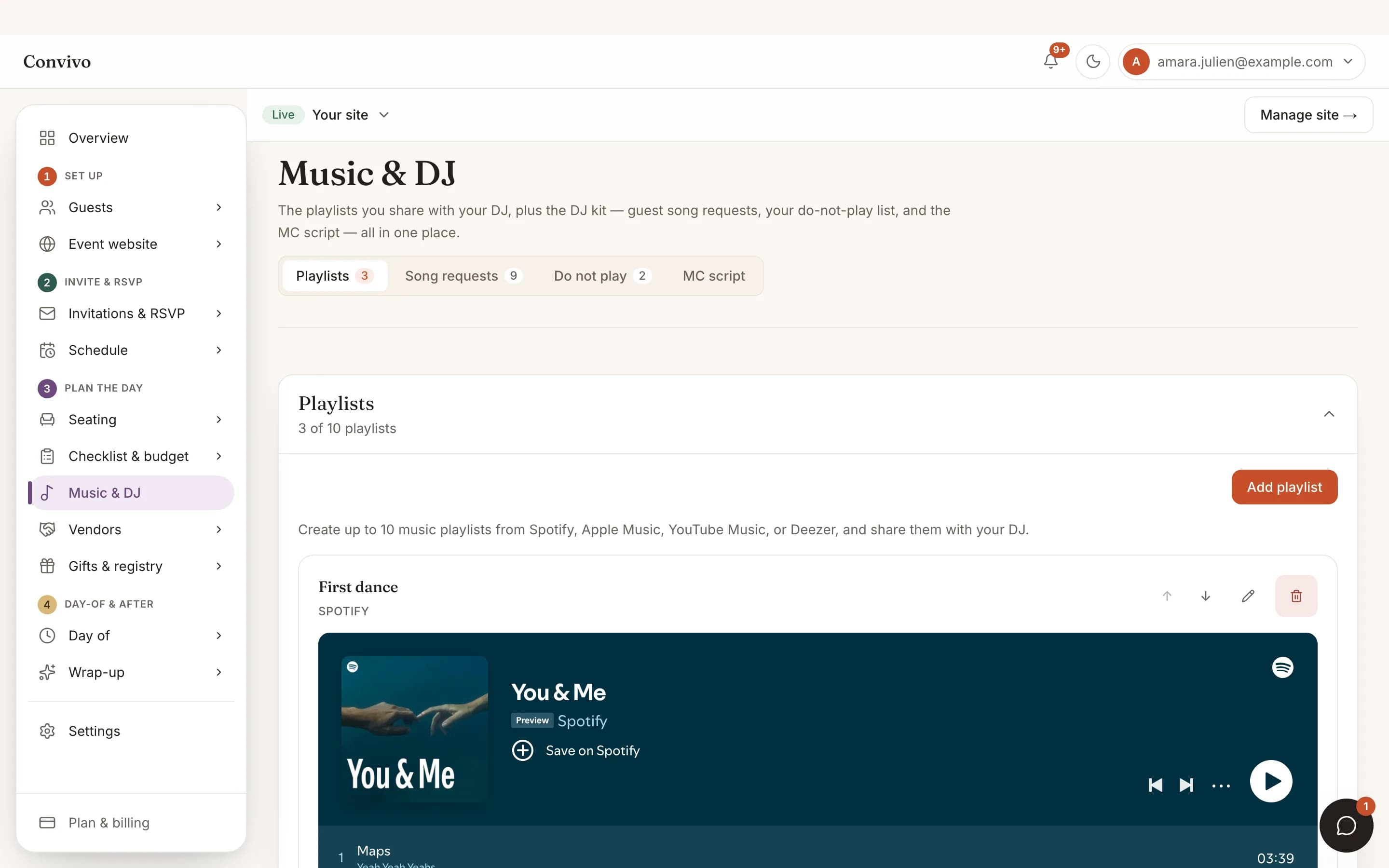 The playlists page with embedded Spotify players for a wedding's music.