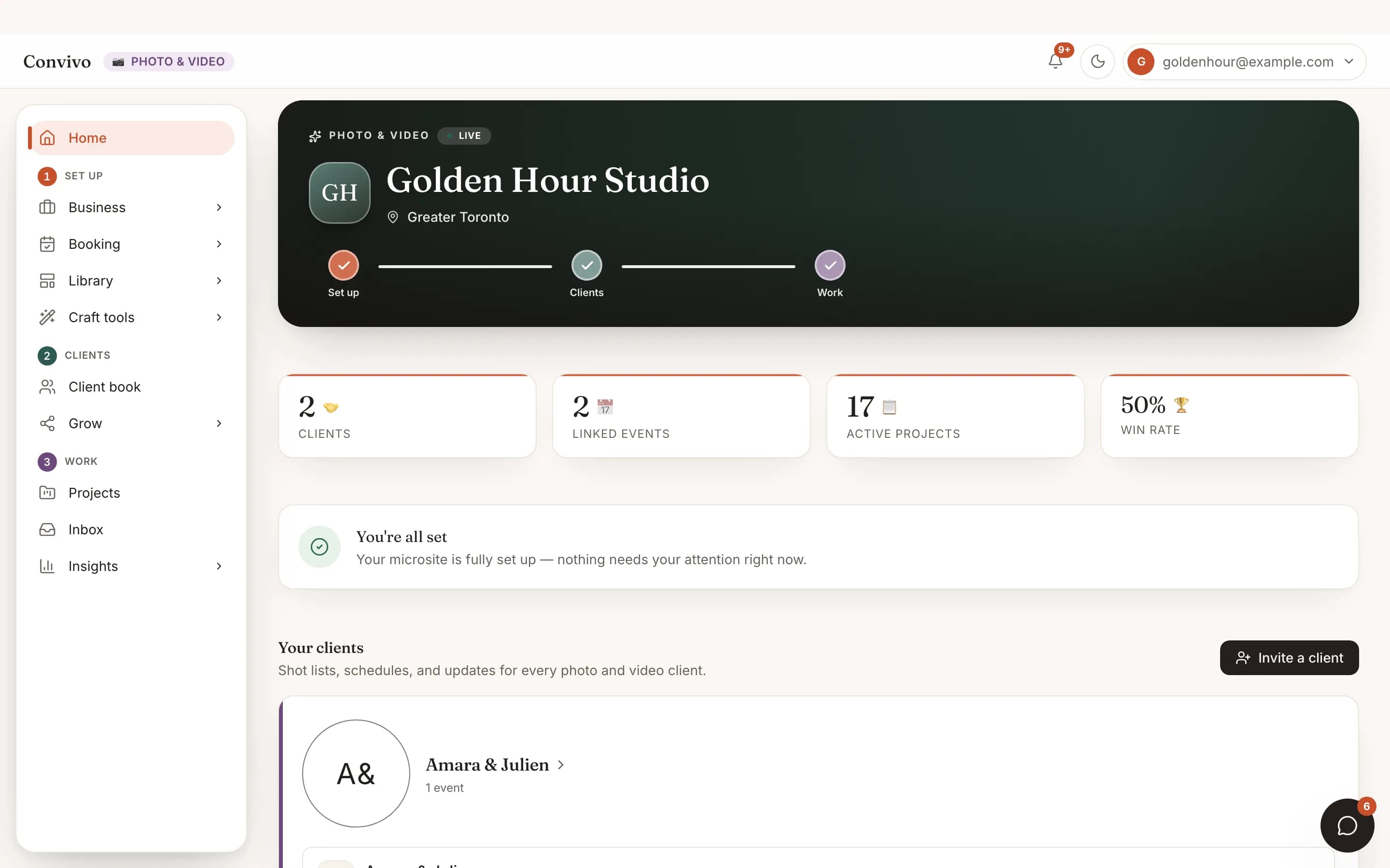 A photographer's vendor portal home with linked clients and business stats.