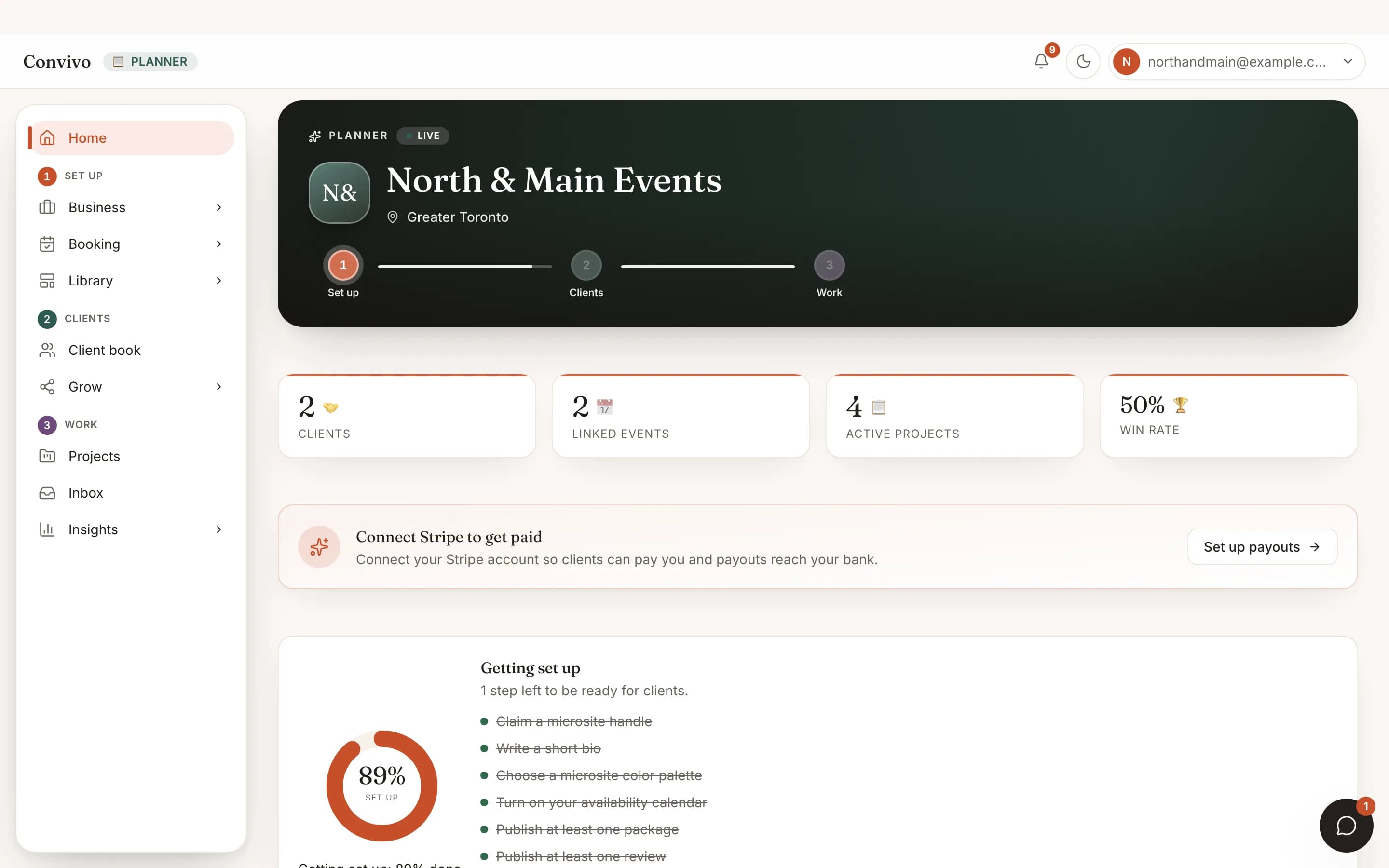 A planner's vendor portal home with linked clients and business stats.
