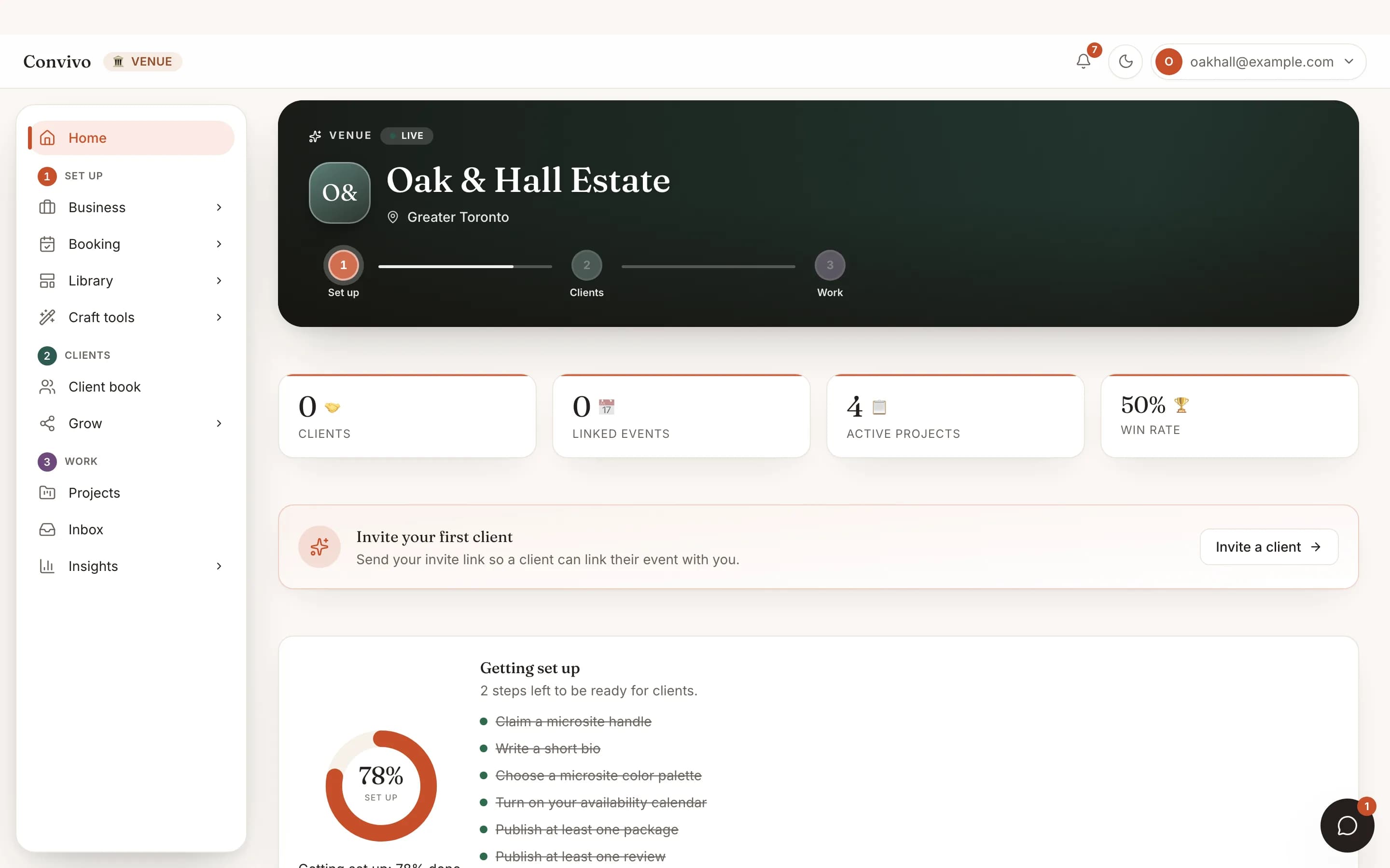 A venue's vendor portal home with linked clients and business stats.