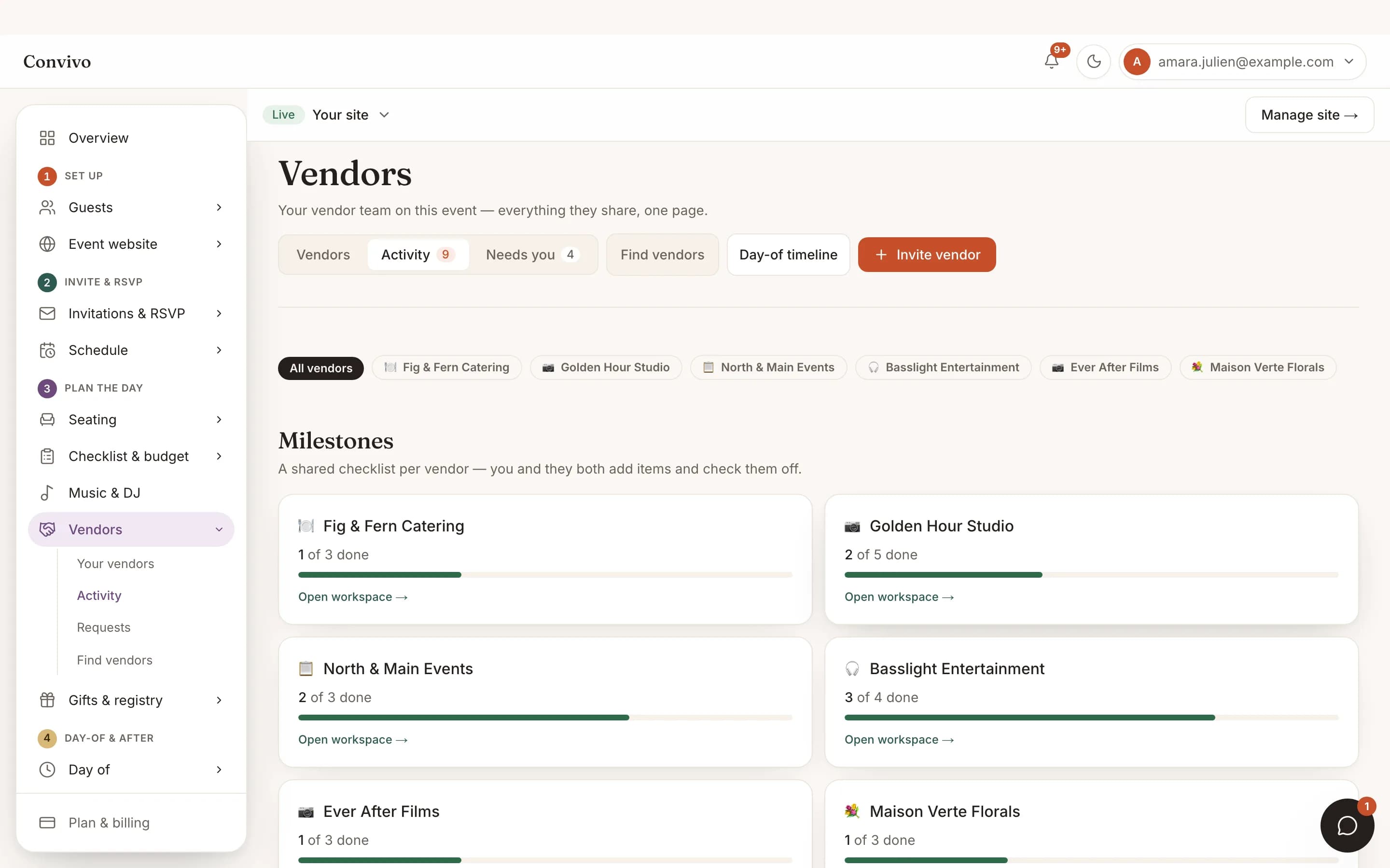 The vendor activity feed showing update posts from every wedding vendor.