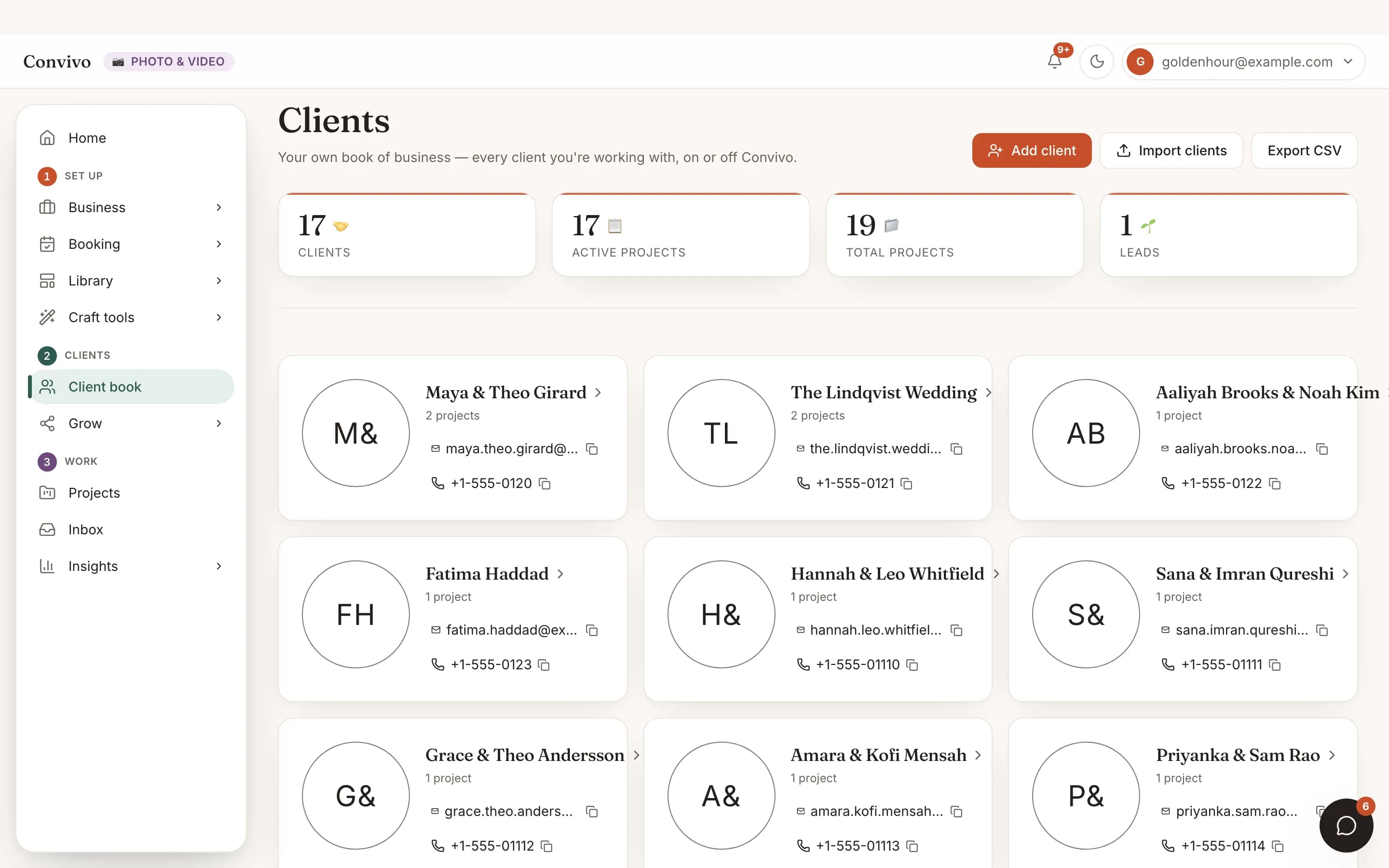 A photographer's client CRM listing on- and off-platform clients.