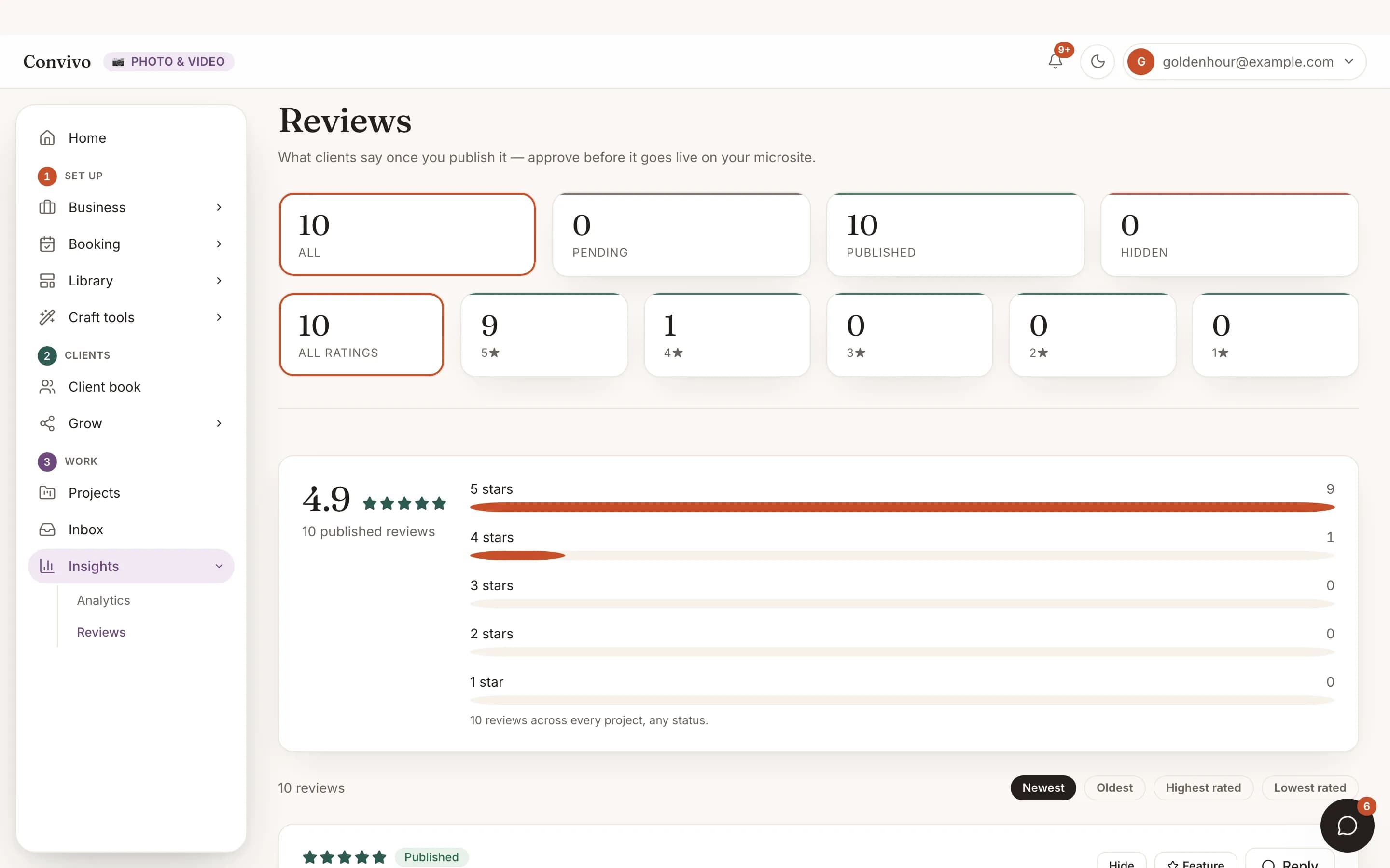 A photographer's reviews page with a star-rating distribution.