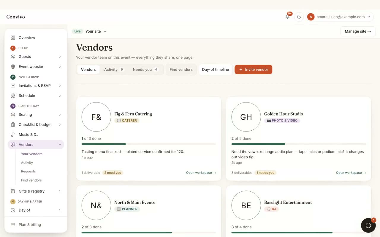 An organizer inviting a vendor and creating a shareable invite link.