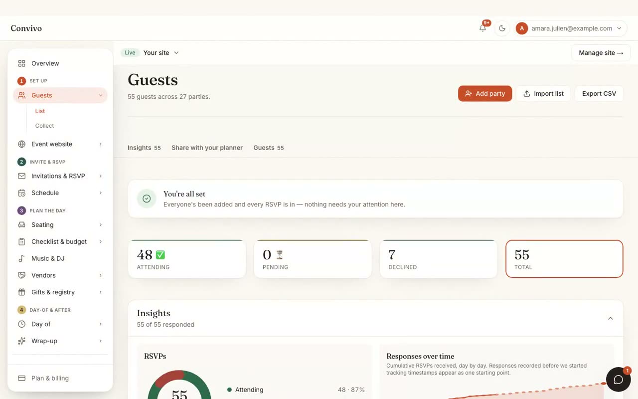 An RSVP reply arriving on the guest list, with the attending count updating live.
